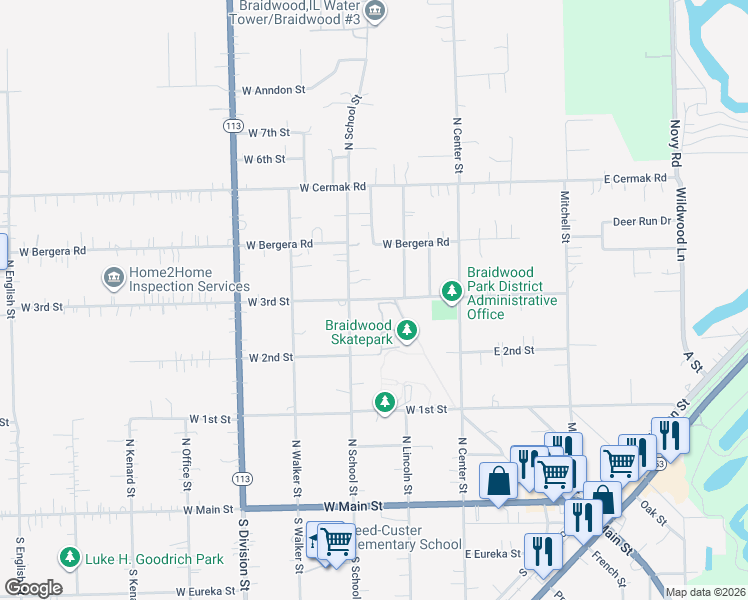 map of restaurants, bars, coffee shops, grocery stores, and more near 227 West 3rd Street in Braidwood