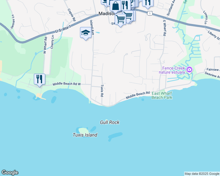 map of restaurants, bars, coffee shops, grocery stores, and more near 29 Gull Rock Road in Madison