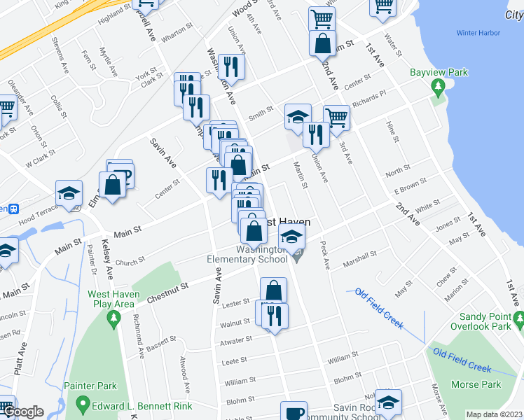 map of restaurants, bars, coffee shops, grocery stores, and more near 2 Curtiss Place in West Haven