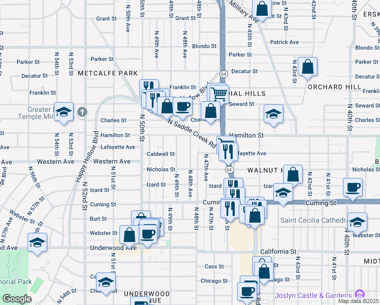 map of restaurants, bars, coffee shops, grocery stores, and more near 1112 North 48th Avenue in Omaha