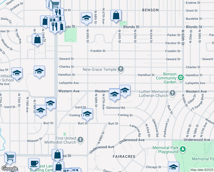 map of restaurants, bars, coffee shops, grocery stores, and more near 6646 Western Avenue in Omaha