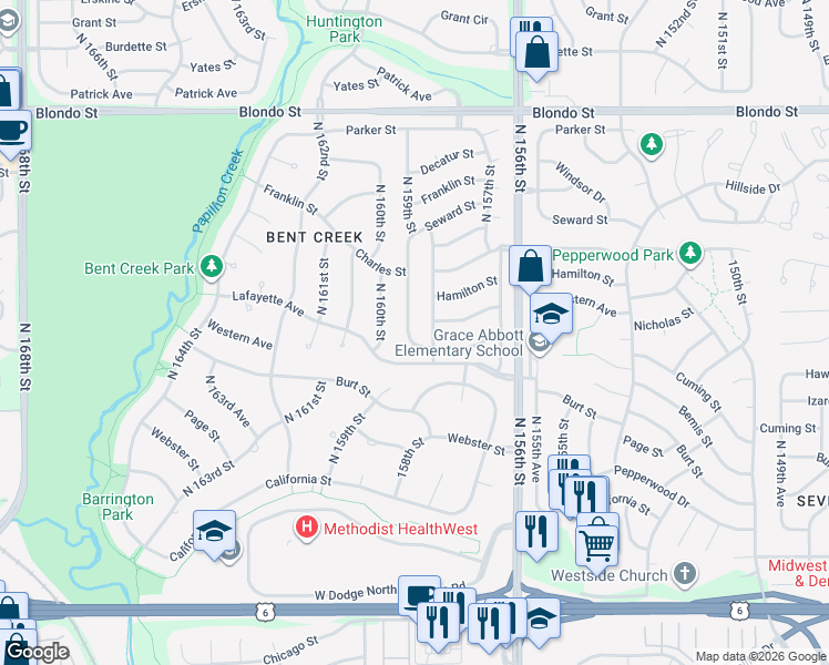 map of restaurants, bars, coffee shops, grocery stores, and more near 1205 North 159th Street in Omaha