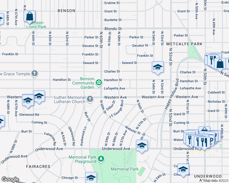 map of restaurants, bars, coffee shops, grocery stores, and more near 5809 Lafayette Avenue in Omaha
