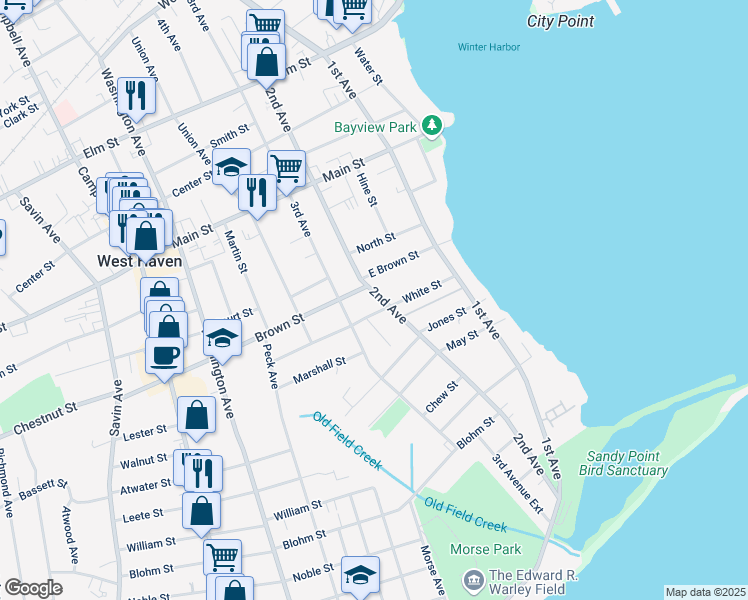 map of restaurants, bars, coffee shops, grocery stores, and more near 12 Brown Street in West Haven