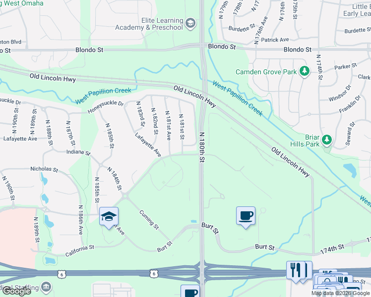 map of restaurants, bars, coffee shops, grocery stores, and more near 18069 Caldwell Street in Omaha