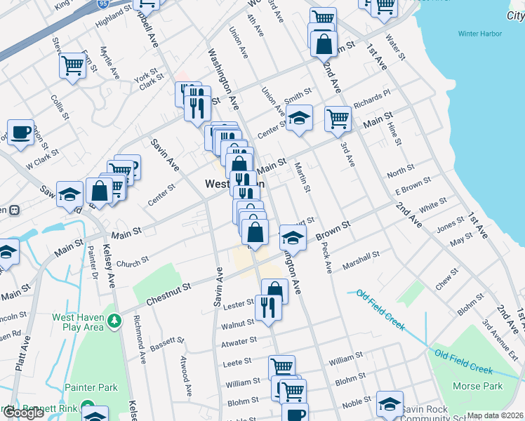 map of restaurants, bars, coffee shops, grocery stores, and more near 2 Curtiss Place in West Haven