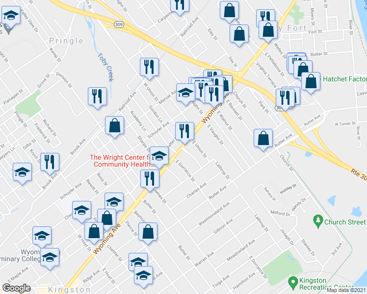 map of restaurants, bars, coffee shops, grocery stores, and more near 647 Wyoming Avenue in Kingston