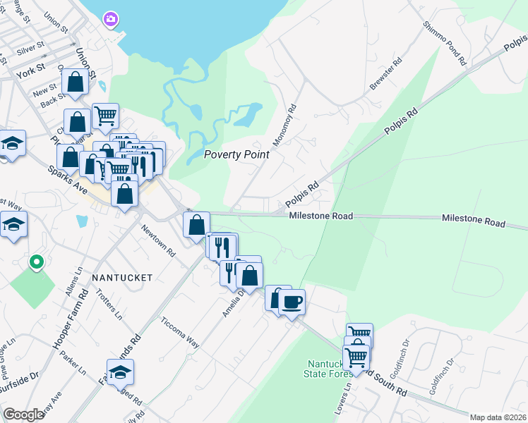 map of restaurants, bars, coffee shops, grocery stores, and more near 12 Milestone Road in Nantucket