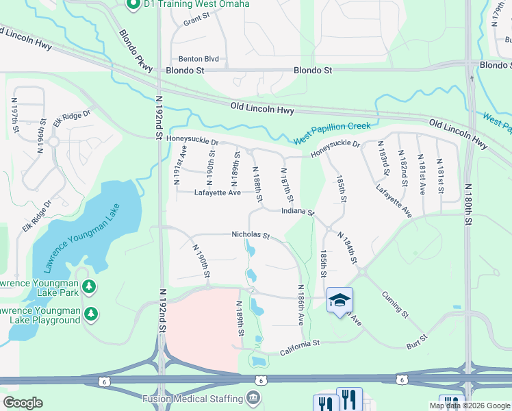 map of restaurants, bars, coffee shops, grocery stores, and more near 1130 North 188th Street in Omaha