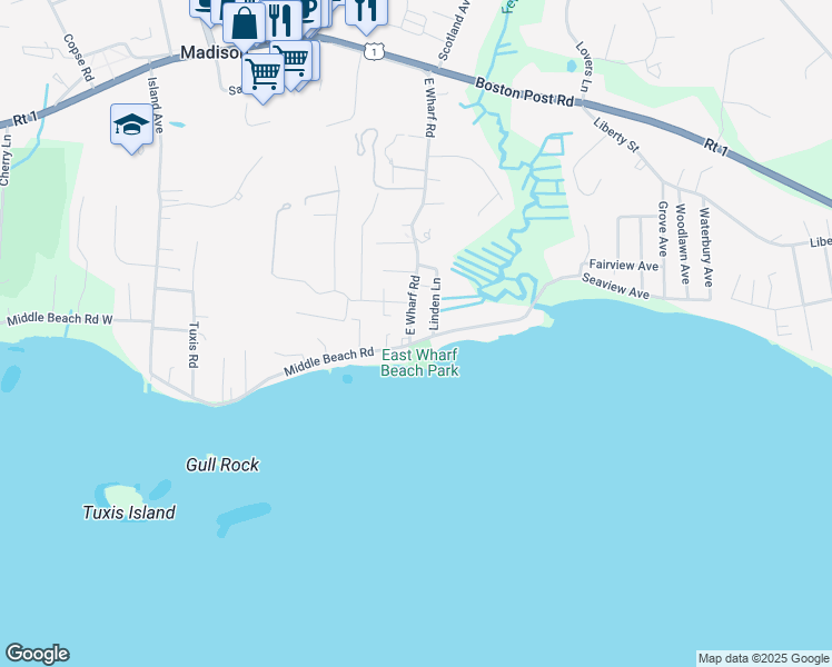 map of restaurants, bars, coffee shops, grocery stores, and more near 121 Middle Beach Road in Madison