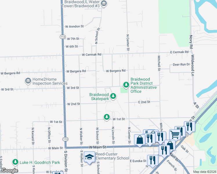 map of restaurants, bars, coffee shops, grocery stores, and more near 227 West 3rd Street in Braidwood