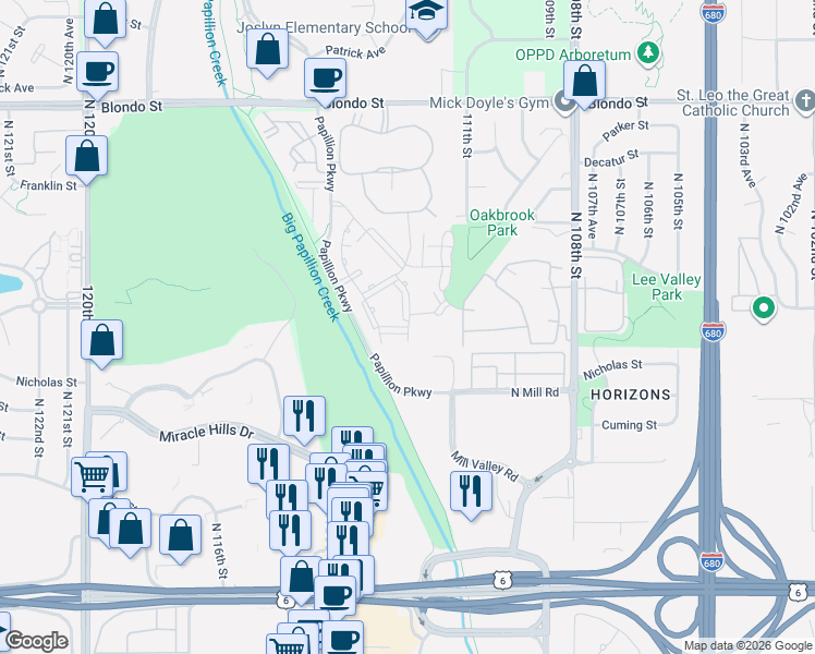 map of restaurants, bars, coffee shops, grocery stores, and more near 11301 Lafayette Court in Omaha