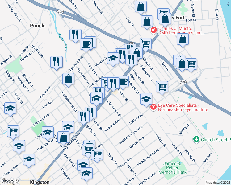 map of restaurants, bars, coffee shops, grocery stores, and more near 647 Wyoming Avenue in Kingston