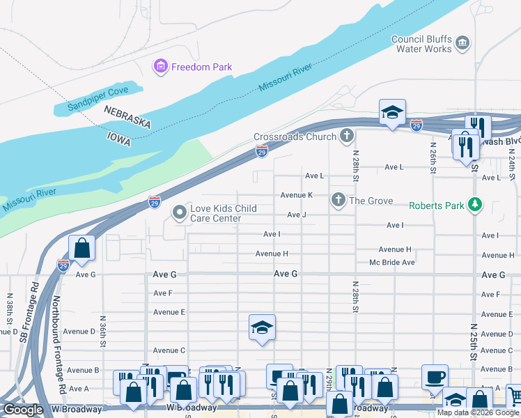 map of restaurants, bars, coffee shops, grocery stores, and more near 3120 Avenue J in Council Bluffs
