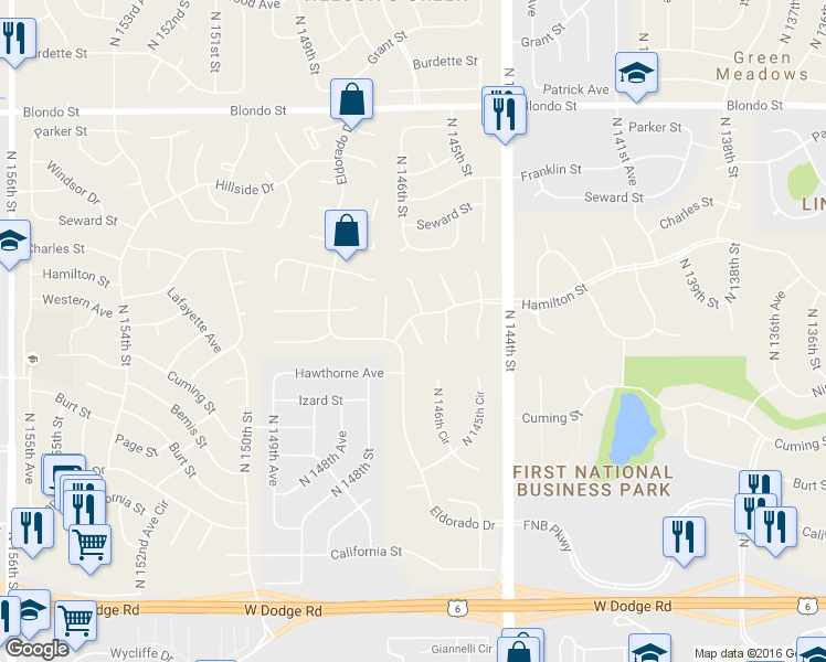 map of restaurants, bars, coffee shops, grocery stores, and more near 1224 North 147th Plaza in Omaha