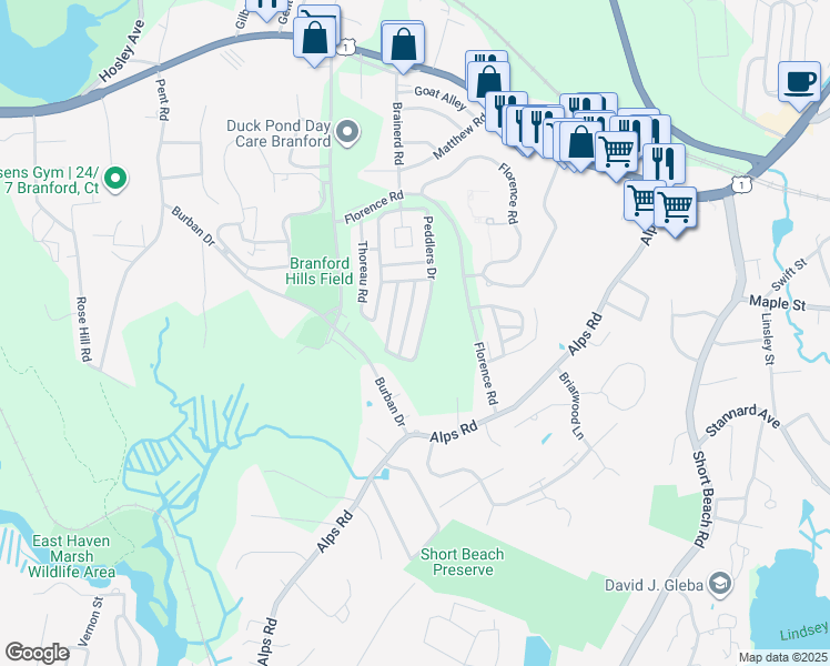 map of restaurants, bars, coffee shops, grocery stores, and more near 115 Peddlers Drive in Branford