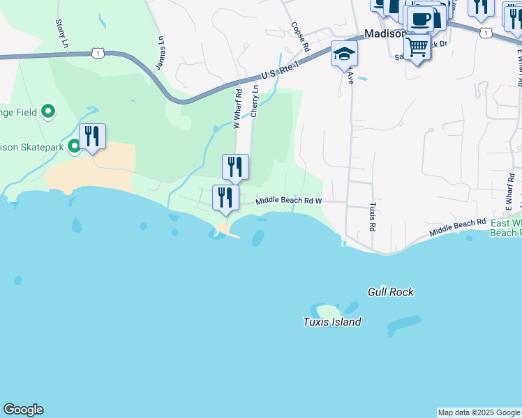 map of restaurants, bars, coffee shops, grocery stores, and more near 59 Middle Beach Road West in Madison