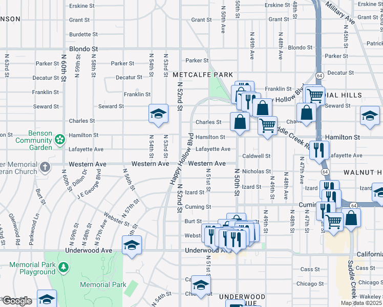 map of restaurants, bars, coffee shops, grocery stores, and more near 5114 Western Avenue in Omaha