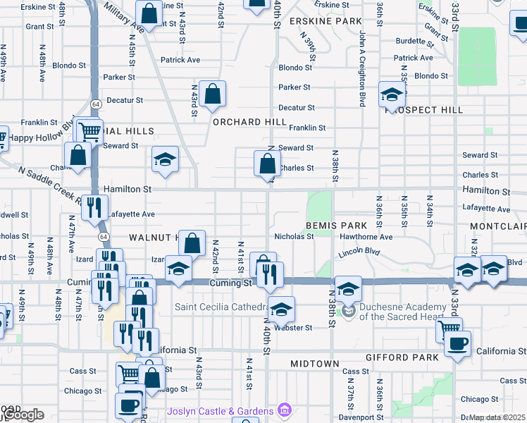 map of restaurants, bars, coffee shops, grocery stores, and more near 1302 North 40th Street in Omaha