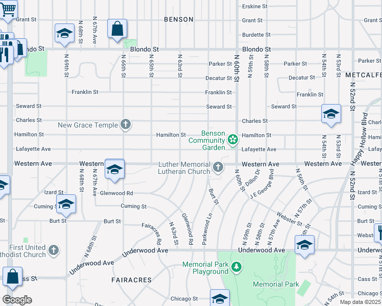 map of restaurants, bars, coffee shops, grocery stores, and more near 6139 Lafayette Avenue in Omaha