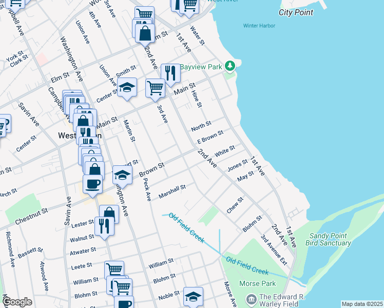 map of restaurants, bars, coffee shops, grocery stores, and more near 12 Brown Street in West Haven