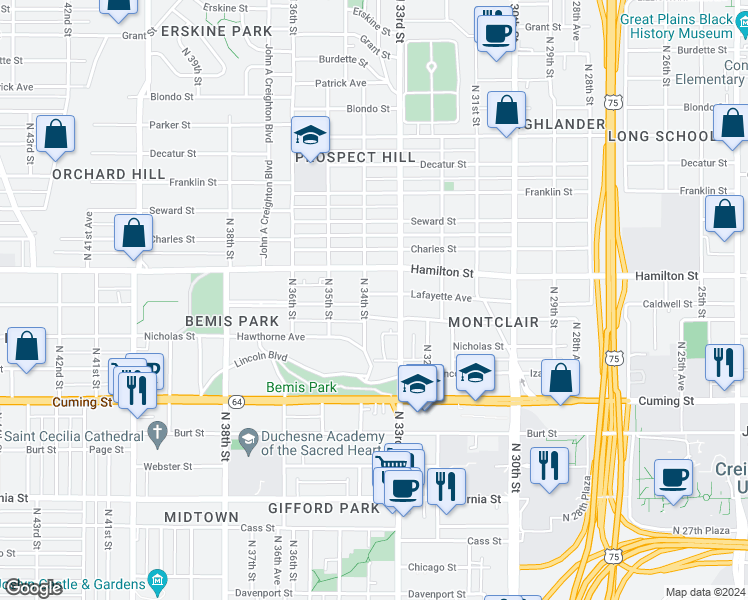 map of restaurants, bars, coffee shops, grocery stores, and more near 3323 Lafayette Avenue in Omaha