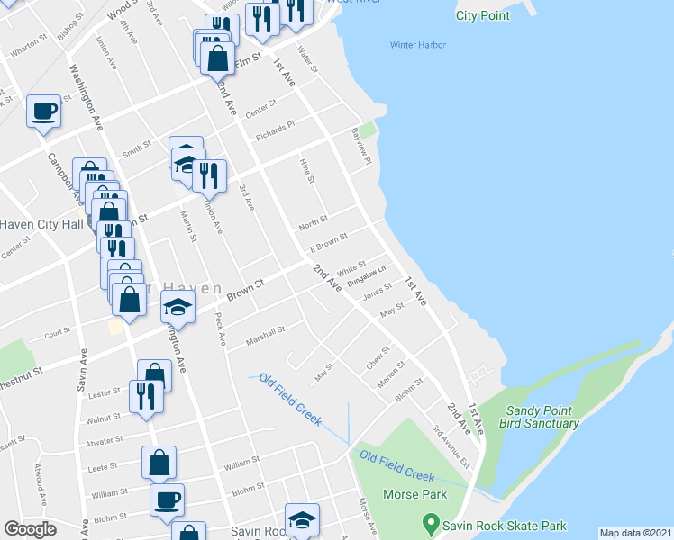 map of restaurants, bars, coffee shops, grocery stores, and more near 71 White Street in West Haven