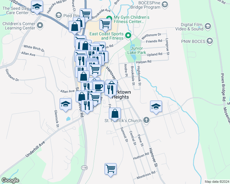 map of restaurants, bars, coffee shops, grocery stores, and more near 251 Underhill Avenue in Yorktown Heights