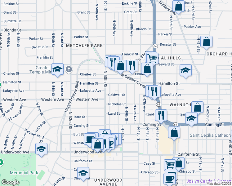 map of restaurants, bars, coffee shops, grocery stores, and more near 1111 North 50th Avenue in Omaha