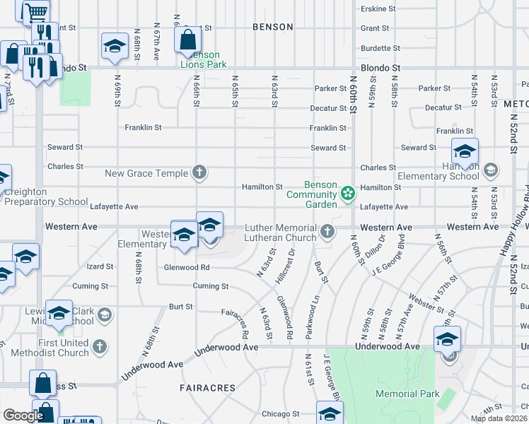 map of restaurants, bars, coffee shops, grocery stores, and more near 6330 Western Avenue in Omaha