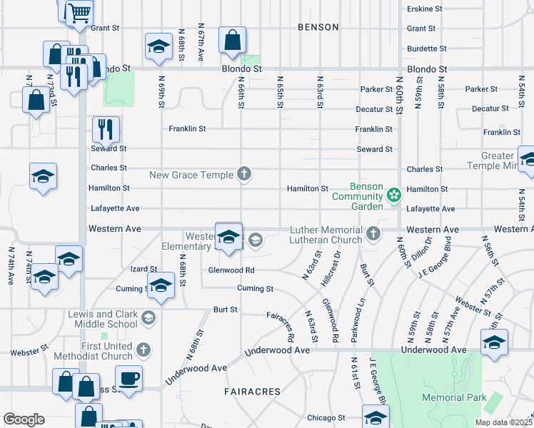 map of restaurants, bars, coffee shops, grocery stores, and more near 6542 Western Avenue in Omaha