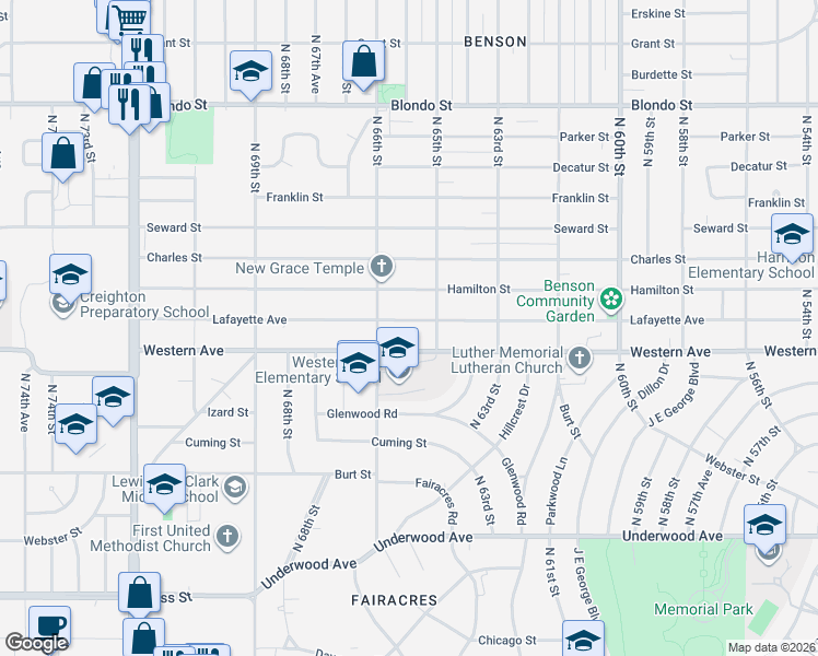 map of restaurants, bars, coffee shops, grocery stores, and more near 6542 Western Avenue in Omaha