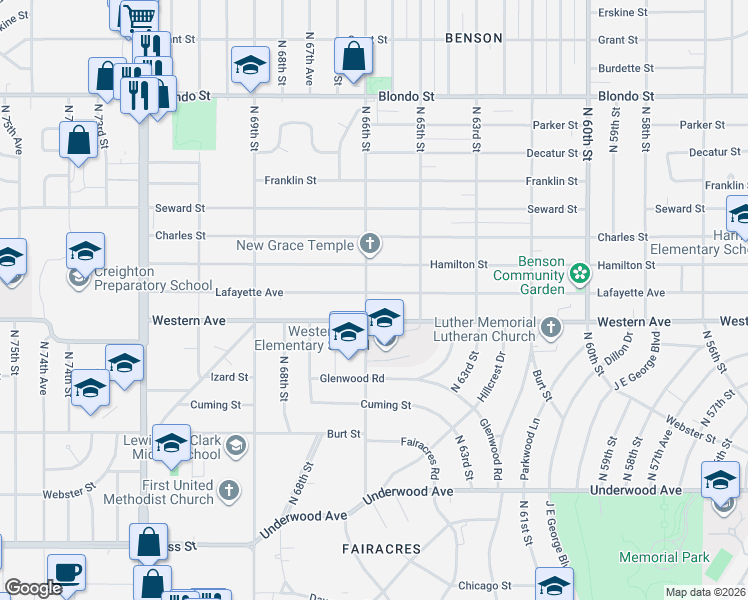 map of restaurants, bars, coffee shops, grocery stores, and more near 6542 Western Avenue in Omaha