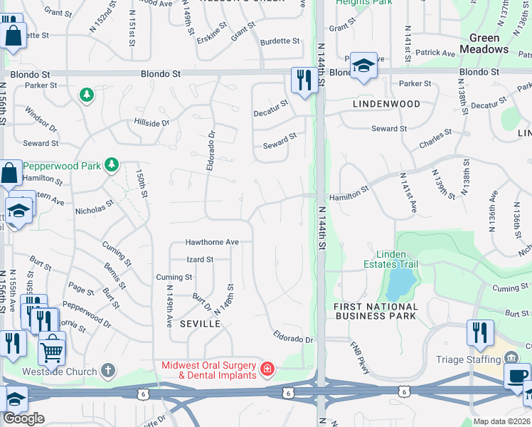 map of restaurants, bars, coffee shops, grocery stores, and more near 1224 North 147th Plaza in Omaha