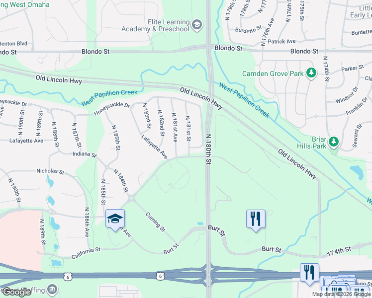 map of restaurants, bars, coffee shops, grocery stores, and more near 18069 Caldwell Street in Omaha