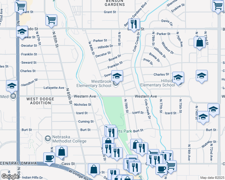 map of restaurants, bars, coffee shops, grocery stores, and more near 1312 Robertson Drive in Omaha