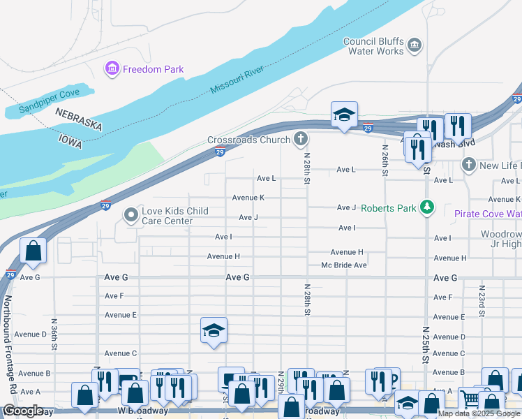 map of restaurants, bars, coffee shops, grocery stores, and more near 2920 Avenue J in Council Bluffs