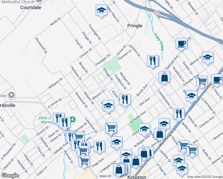 map of restaurants, bars, coffee shops, grocery stores, and more near 99 Krych St in Kingston
