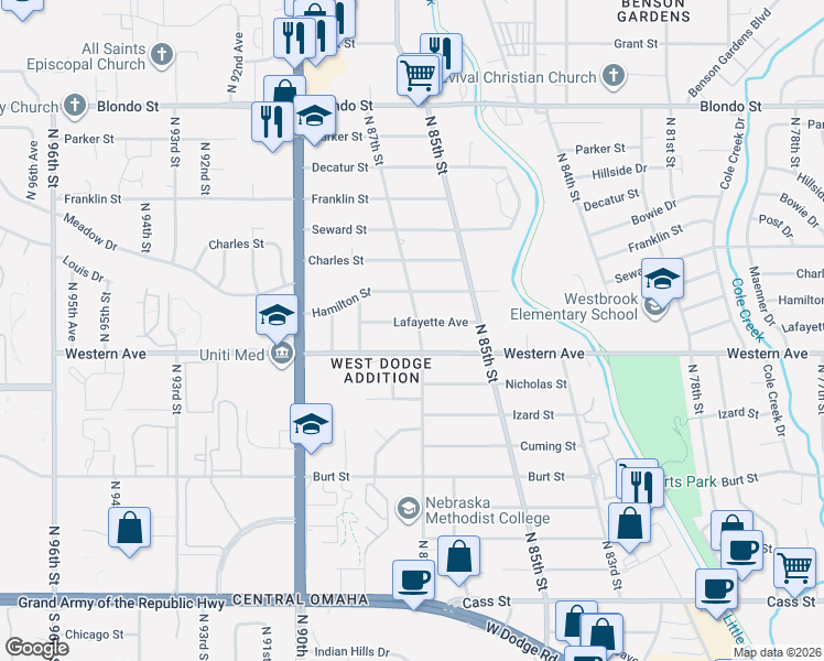 map of restaurants, bars, coffee shops, grocery stores, and more near 1220 North 87th Street in Omaha