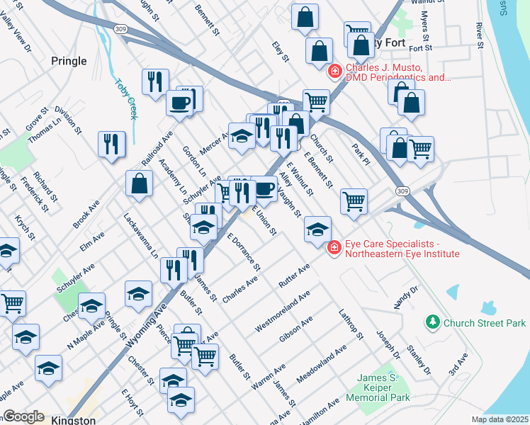 map of restaurants, bars, coffee shops, grocery stores, and more near 26 East Union Street in Kingston