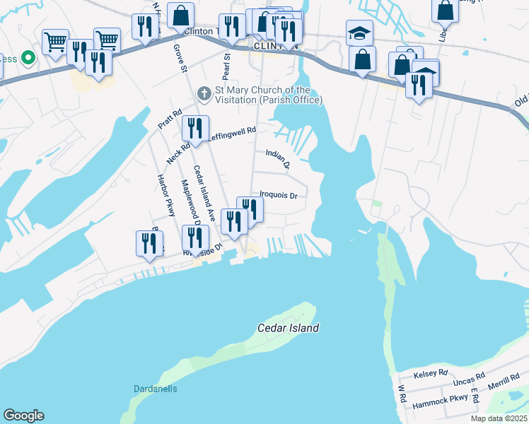 map of restaurants, bars, coffee shops, grocery stores, and more near 114 Commerce Street in Clinton