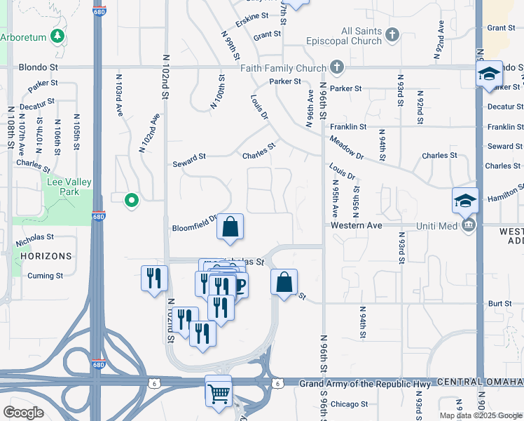 map of restaurants, bars, coffee shops, grocery stores, and more near 9780 Western Plaza in Omaha