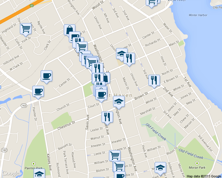 map of restaurants, bars, coffee shops, grocery stores, and more near 446 Washington Ave in West Haven