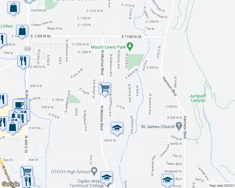 map of restaurants, bars, coffee shops, grocery stores, and more near 800 East 760 North in Ogden