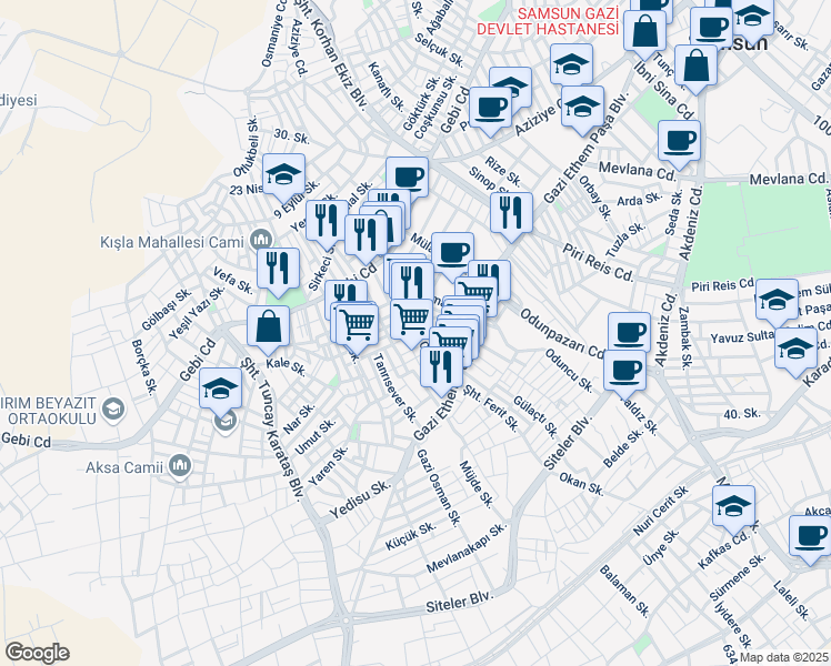map of restaurants, bars, coffee shops, grocery stores, and more near 34 İstanbul Caddesi in İlkadım