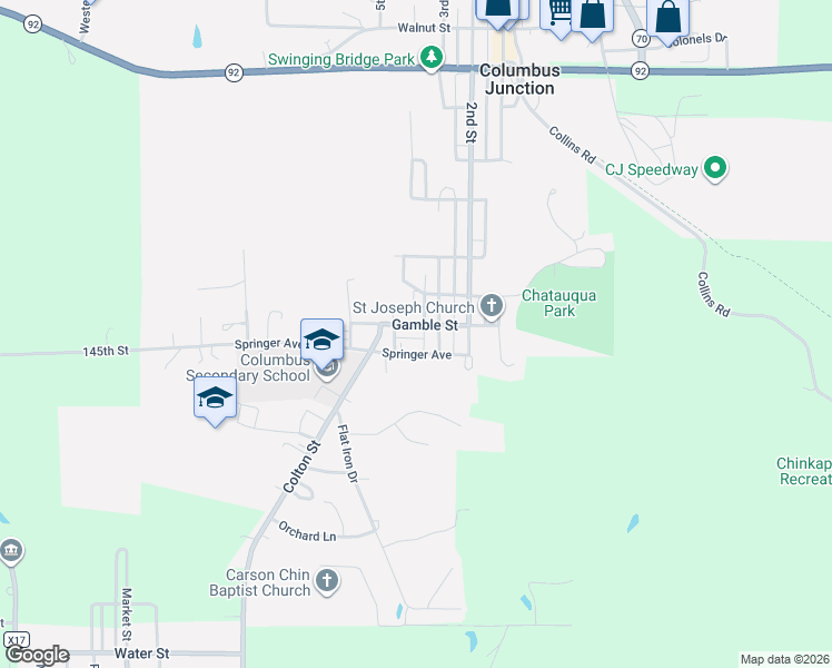 map of restaurants, bars, coffee shops, grocery stores, and more near 323 Gamble Street in Columbus Junction