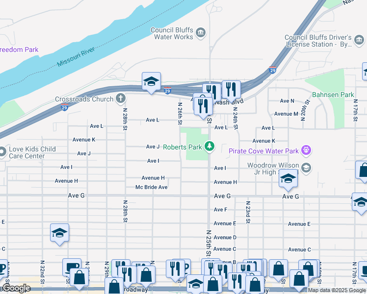 map of restaurants, bars, coffee shops, grocery stores, and more near 920 North 26th Street in Council Bluffs