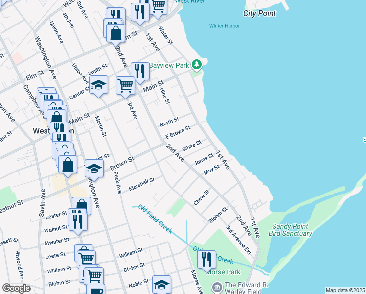 map of restaurants, bars, coffee shops, grocery stores, and more near 327 2nd Avenue in West Haven