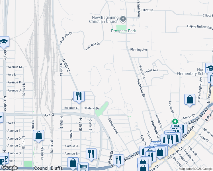 map of restaurants, bars, coffee shops, grocery stores, and more near 1020 Oak Park Road in Council Bluffs