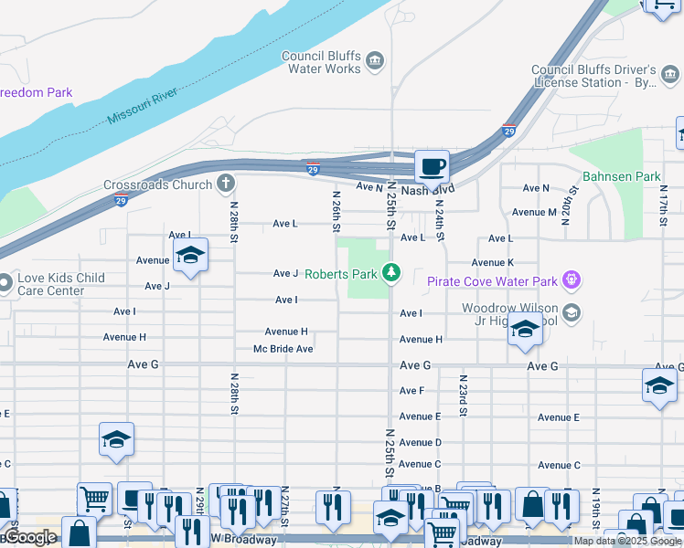 map of restaurants, bars, coffee shops, grocery stores, and more near 920 North 26th Street in Council Bluffs